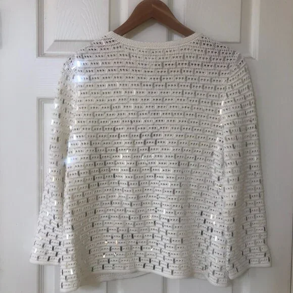 NWT Chico’s White and Silver Sequin Sammie 3/4 Sleeves Cardigan M - Picture 4 of 10